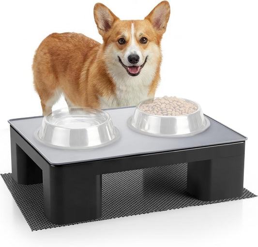 Upgraded Elevated Dog Bowl Stand and 100% Waterproof & Non-Slip Mat, Raised Bowl Stand for Small Medium Dogs, Easy-Clean Silicone Pet Food Mat- Neck Strain Relief & Protect Your Floors