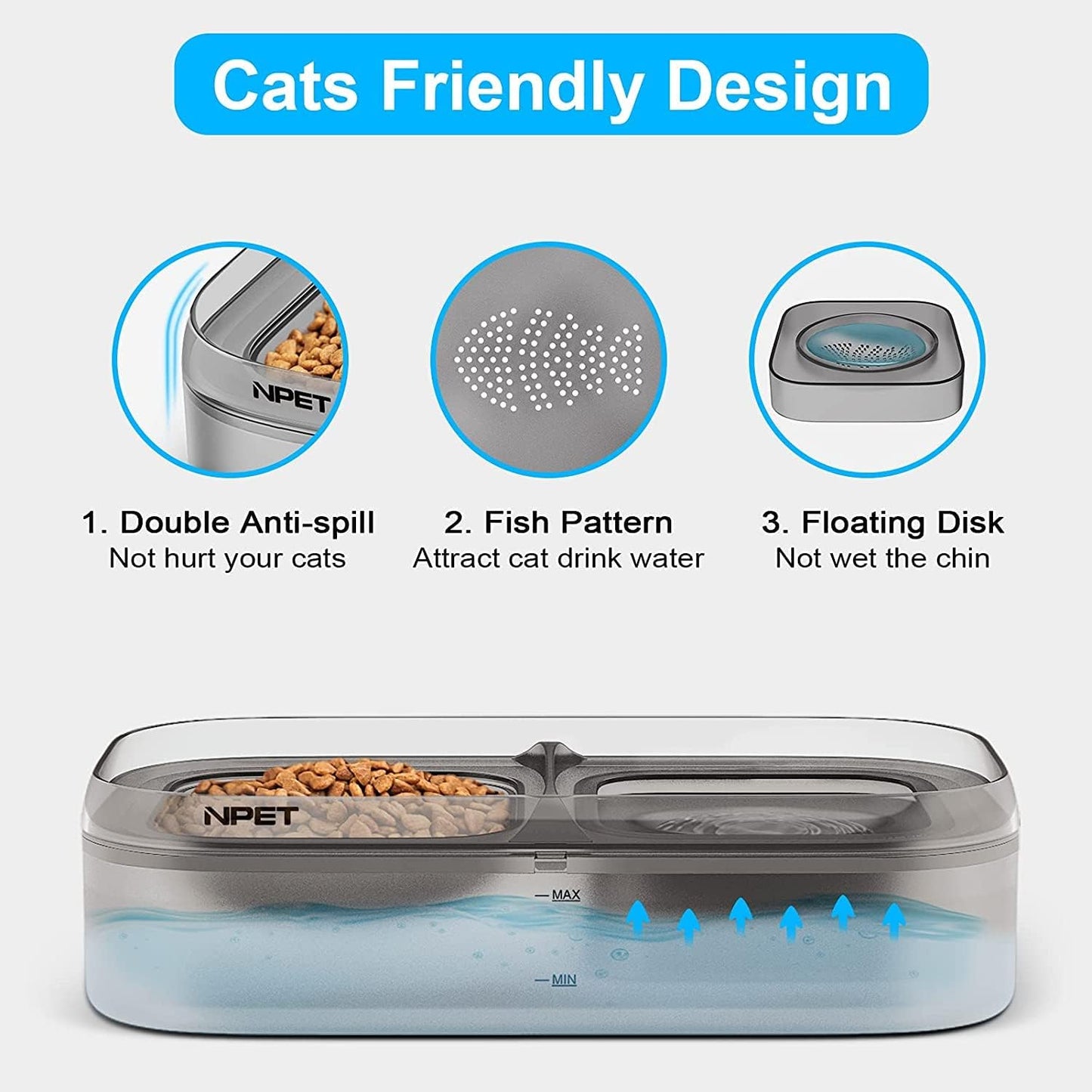 fountain Cat Bowl, 68oz/2L Double Tilted Raised Cat Bowls for Food and Water Set with 2 Replacement Filters, NoSpill Feeding Drinking Dish Suitable for Indoor Cats Small Dogs Pet water dispenser