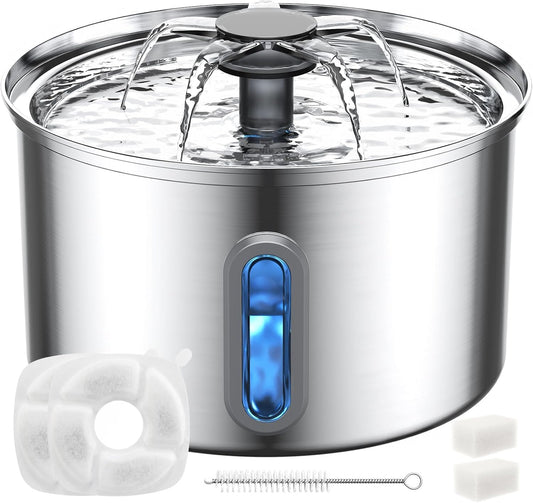 Cat Water Fountain Stainless Steel, 118oz/ 3.5L Large Capacity Automatic Pet Water Dispenser for Drinking with Level Window, Ultra Quiet Pump, 2 Replacement Filters & Pre-Filter Sponges for Dog