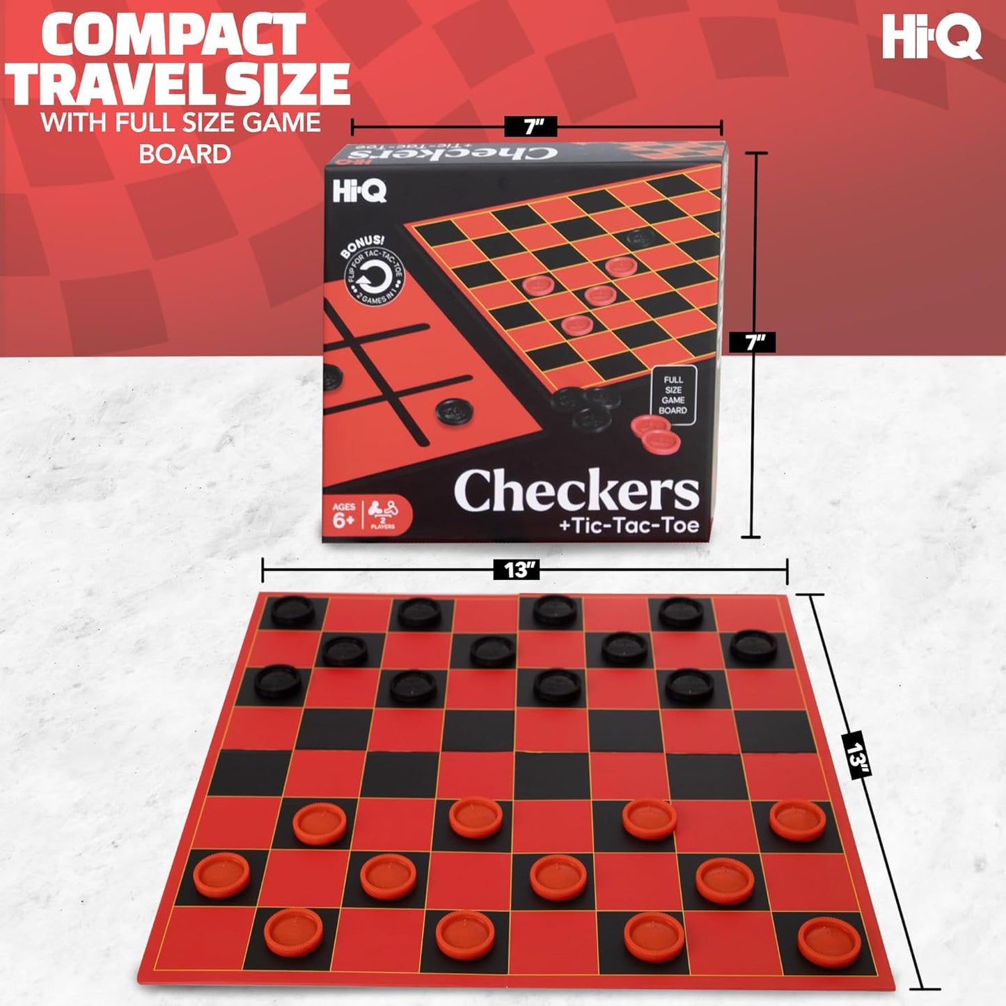 HI-Q Checkers & Tic-Tac-Toe Board Game Set – Classic Strategy for Kids & Family – Features Interlocking Stacking Pieces & Folding Board – Ages 6+