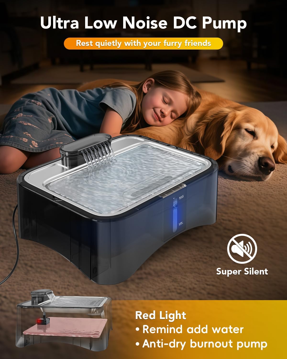 UPSKY Replacement Pump for 2.25 Gallon/8.5L Elevated Dog Water Fountain, Upgraded Water Pump with Water Tube, LED Indicator, Clog Alert, USB Power Cord