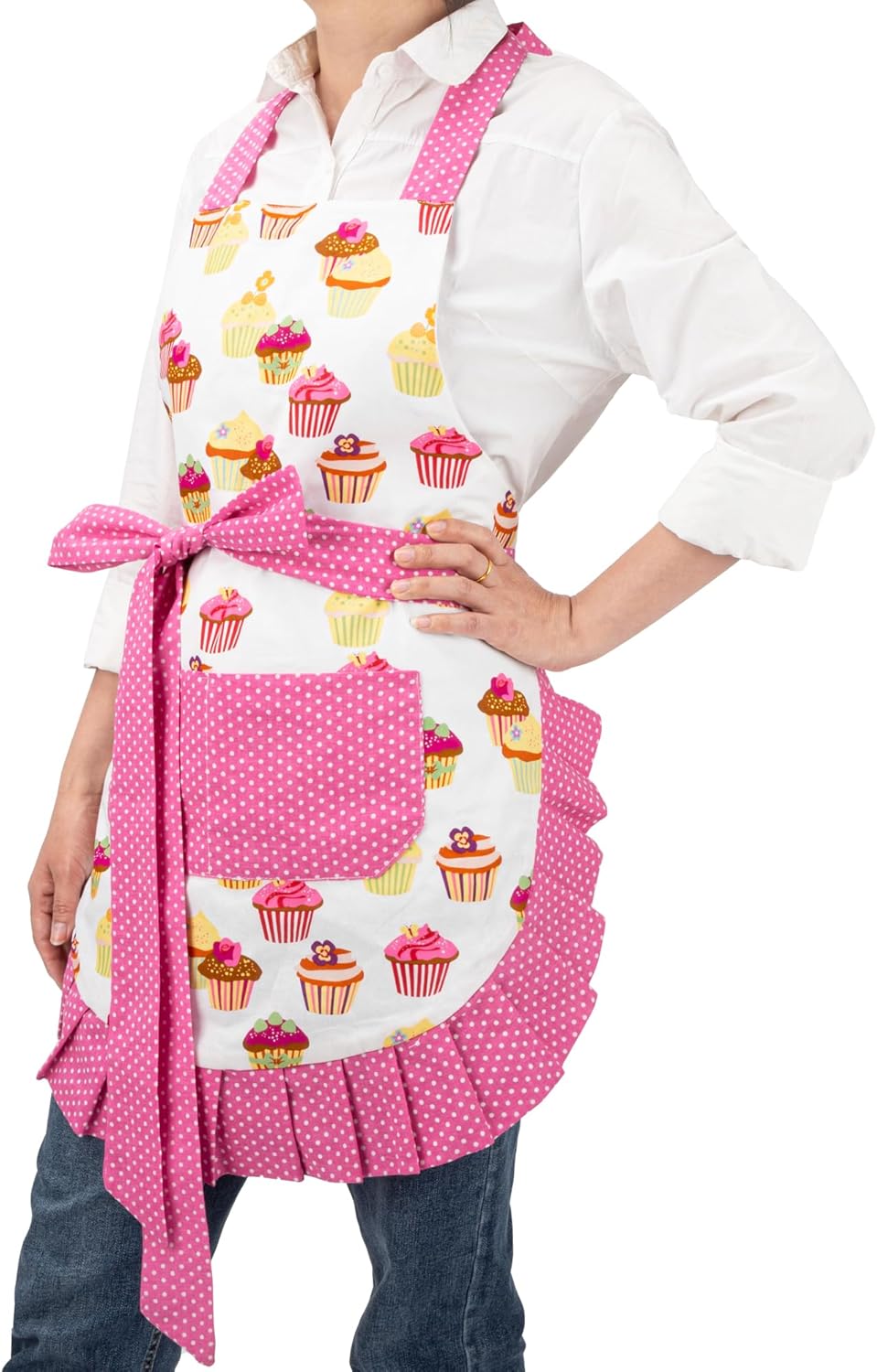 Women's Cotton Floral Apron with Pockets, Adjustable Long Ties for Kitchen Cooking, Baking and Gardening
