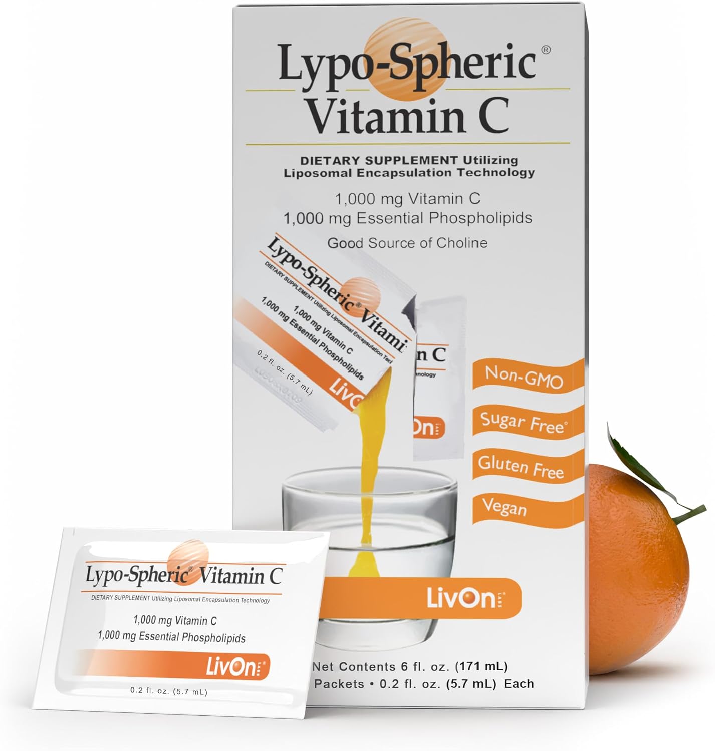 LivOn Laboratories Lypo–Spheric Liposomal Vitamin C 1000mg - No Sugar, Immune Support, Plant Based - Easy to Swallow, Absorbable - Non–GMO, Gluten Free (0.2 fl oz Individual 30 Packets)