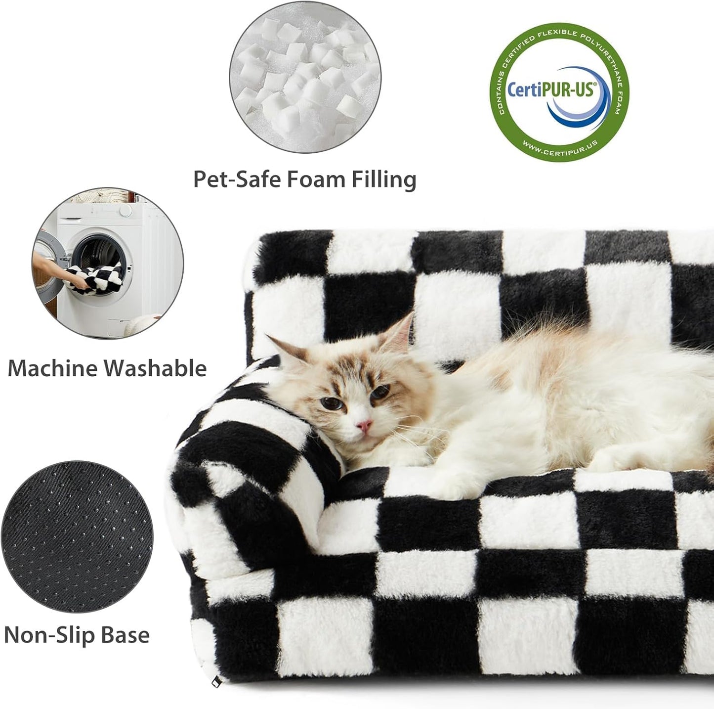 BFPETHOME 고양이 소파 및 강아지 소파 침대, 작은 반려동물을 위한 반려동물 소파, 귀여운 고양이 소파, 세탁 가능한 커버가 있는 체크 무늬 강아지 침대 (블랙 & 화이트)