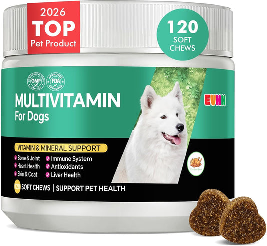 Multivitamin for Dogs，Dog Multivitamin Chews with Essential Vitamins & Minerals - Skin & Coat Health, Immune Support, Heart & Liver Care, Chicken Flavor, 120 Count