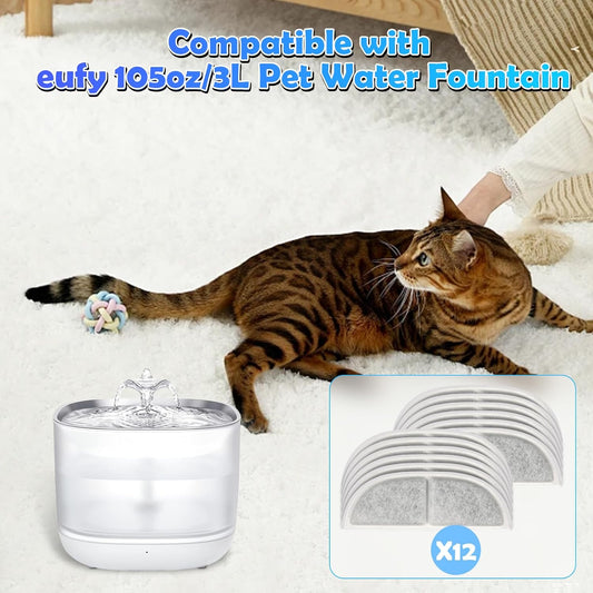 12 Pack Cat Water Fountain Filters for eufy Stainless Steel Water Dispensers 3L/105oz, Triple Filtration System Pet Fountain Filter Replacement for Cats Or Dogs