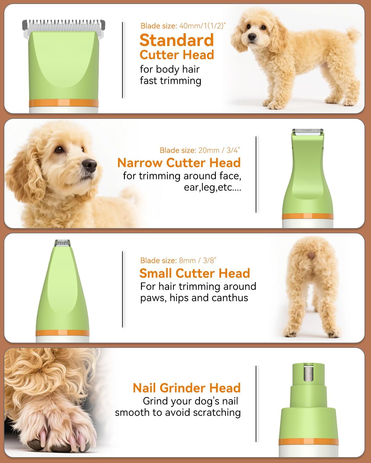 Dog Grooming Kit with Paw Trimmer, All-in-One Low Noise Electric Rechargeable Small Quiet Pet Clippers Foot Dog Hair Shaver with Stainless Steel Scissors and Comb for Dogs at Home (Green)