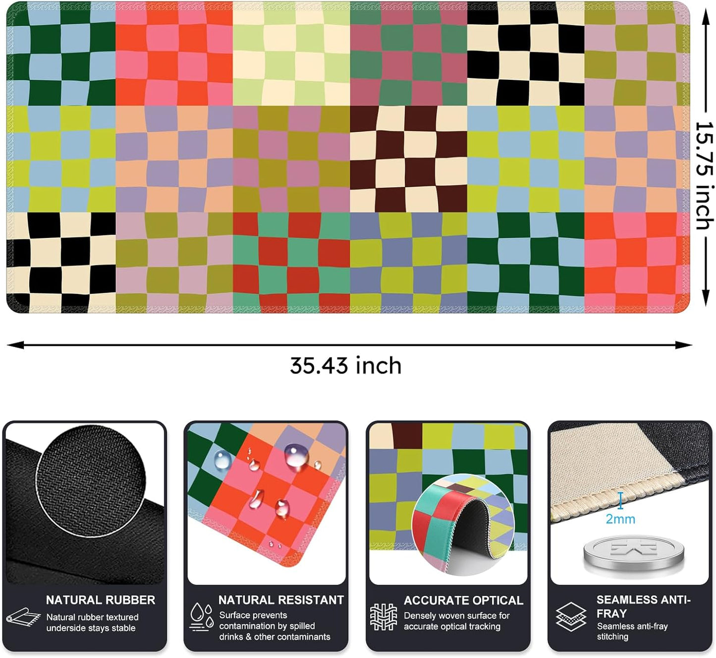 iCasso Checkered Desk Mat, Cute XXL Large Mouse Pad for Desk Cover, Anti-Slip Big Mousepad with Stitched Edges, Keyboard Mat for Computer Desktop Protector (Retro Checkered)