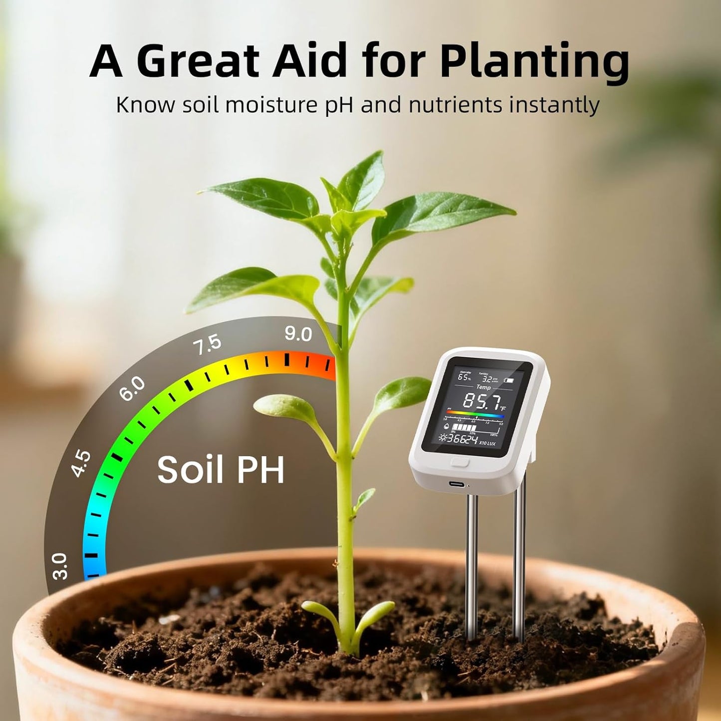 2026 Soil Moisture Meter, 6-in-1 Digital Soil Tester for pH,Nutrient,Sunlight,Temperature & Humidity| Factory-Permanent Calibration| Ideal for Gardening,Lawn,Farm Plant Care