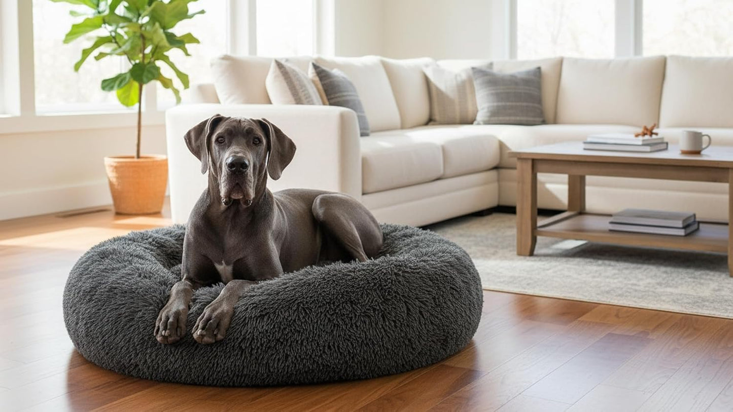The Dog’s Bed Calming Donut Dog Bed, Plush Faux Fur Round Cuddler Nest, Removable Washable Zip Cover – XXL (54"), Grey