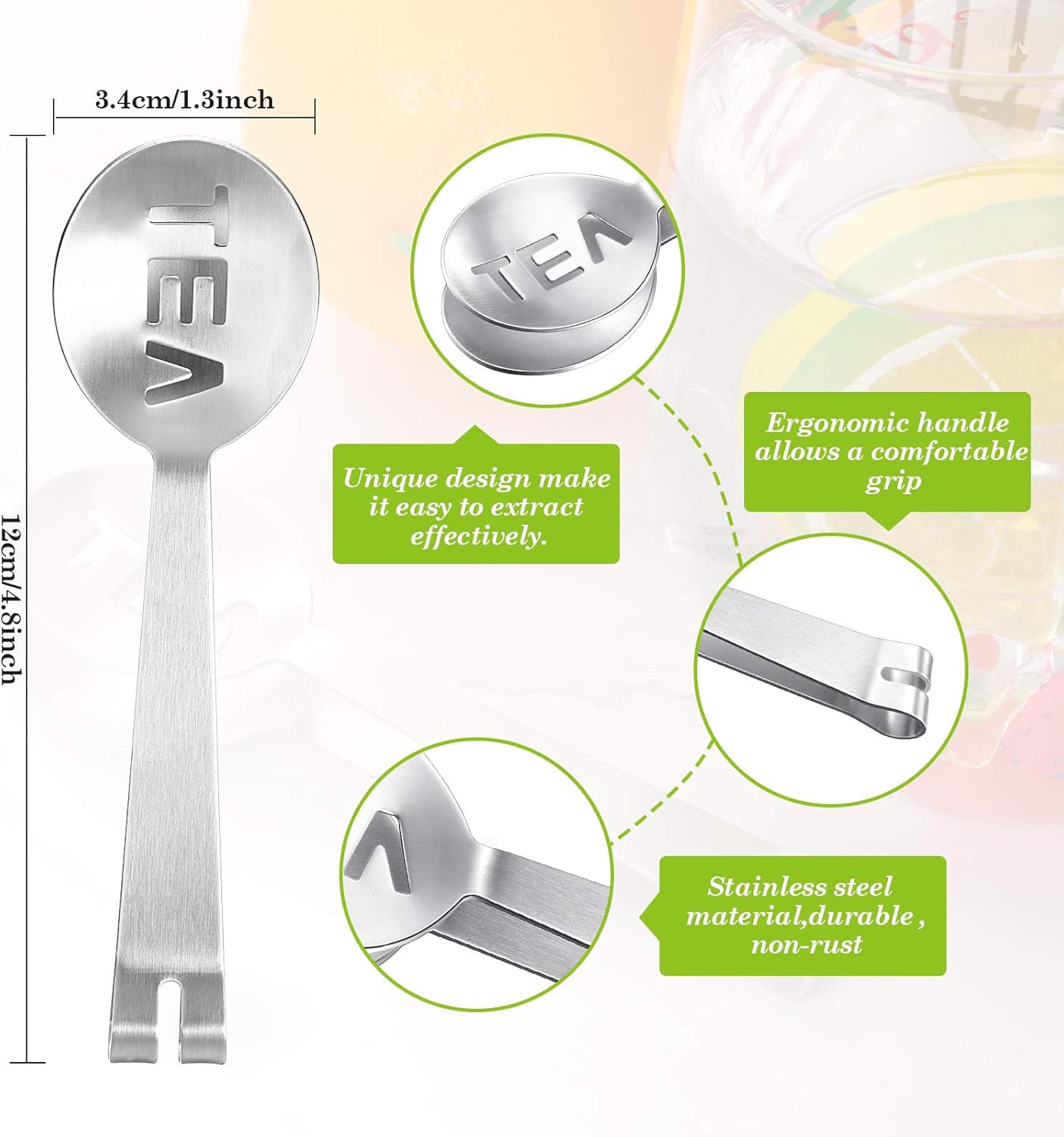 Tea Bag Squeezer Tongs Stainless Steel Spoon for Bags Silver Strainer Clip Tea Squeezer for Loosing Leaf, Gripping Ice Cube, Sugar(4 Pieces)