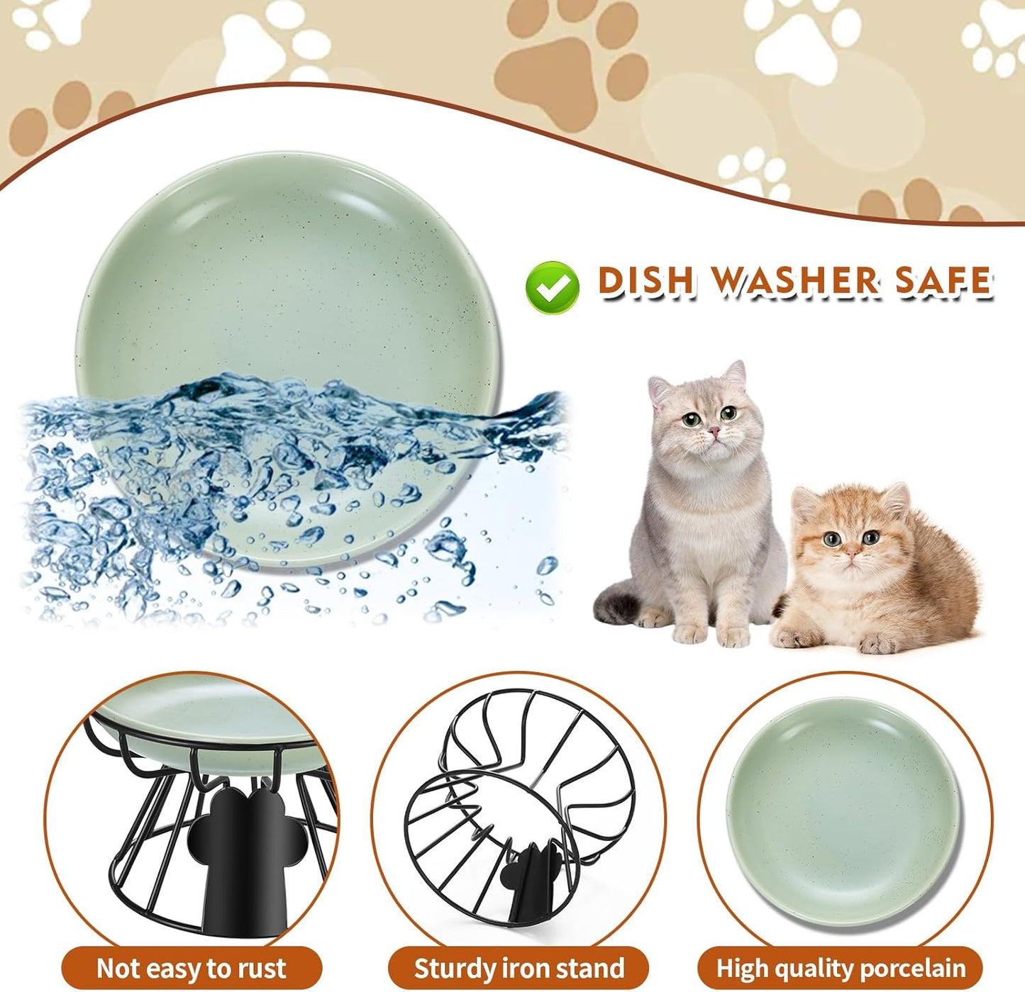 Shallow Cat Dishes with Metal Stand,Elevated Cat Bowl,Ceramic Cat Bowls,Raised Cat Food Bowls,Pet Feeder for Indoor Cats,Kitten and Small Dogs, Dishwasher Safe
