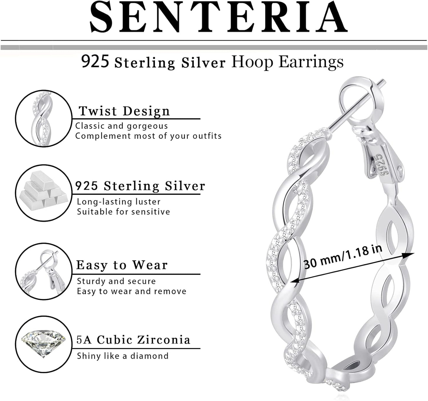 Senteria 925 Sterling Silver Earrings Hoops for Women Lightweight Twisted Hoop Earrings With Cubic Zirconia Hypoallergenic Hoops Earrings (20/30/40/50/60MM)