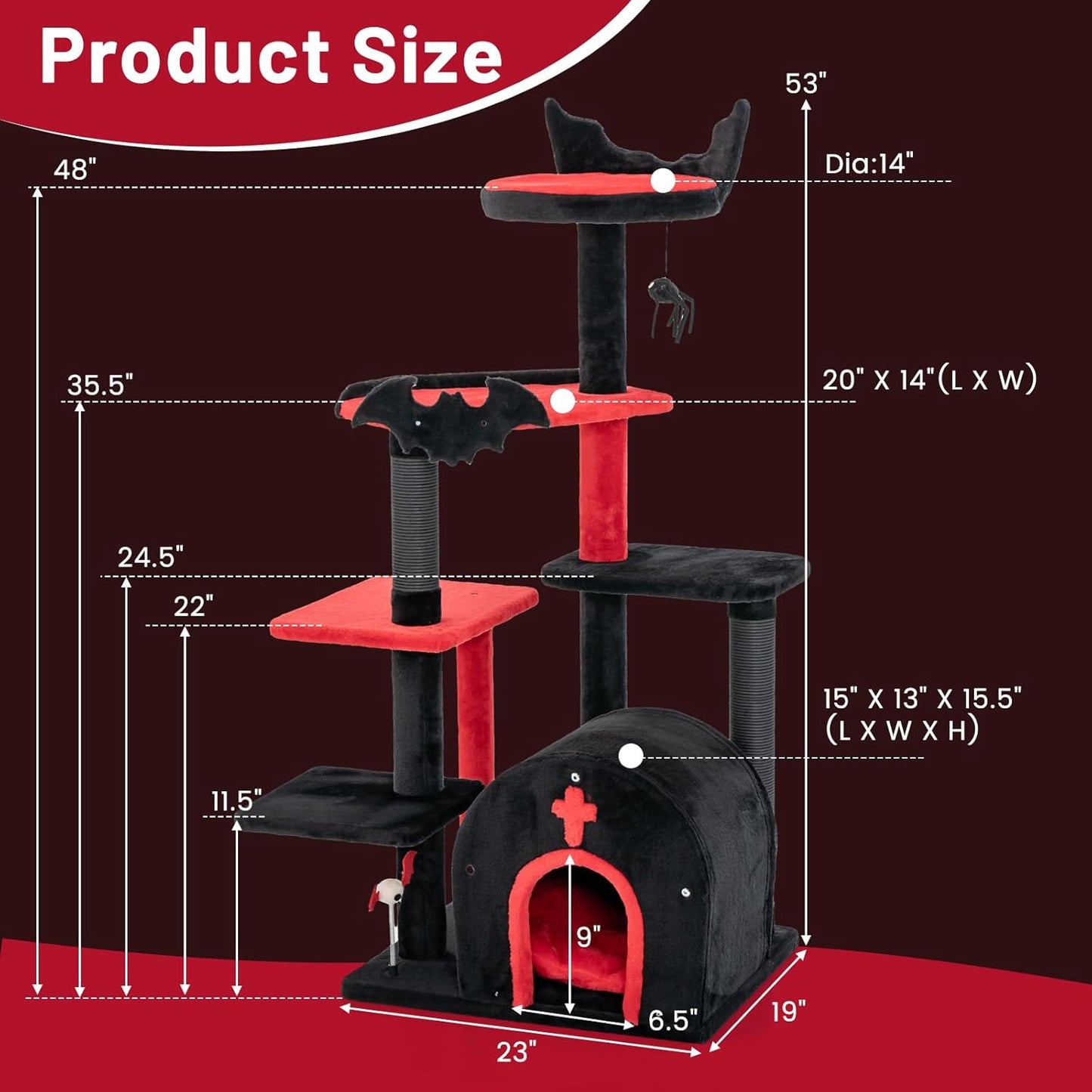 Tangkula Gothic Cat Tree, 53 Inch Black Cat Tower with Coffin Bed, Condo, Scratching Posts, Spider Pompom & Spring Balls, Halloween Pet Furniture, Spooky Goth Cat Tree for Indoor Cats