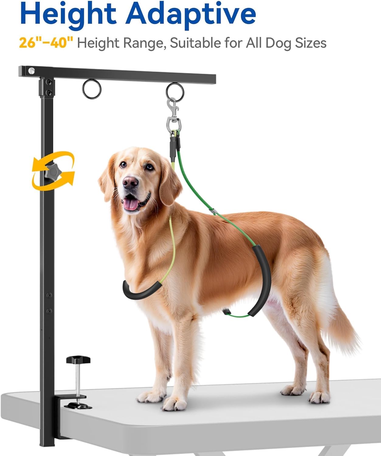 Adjustable Foldable Dog Grooming Arm with Clamp, 26–40 in Height, Safety Hammock & No-Sit Holders, Grooming Restraint for Small & Medium Dogs