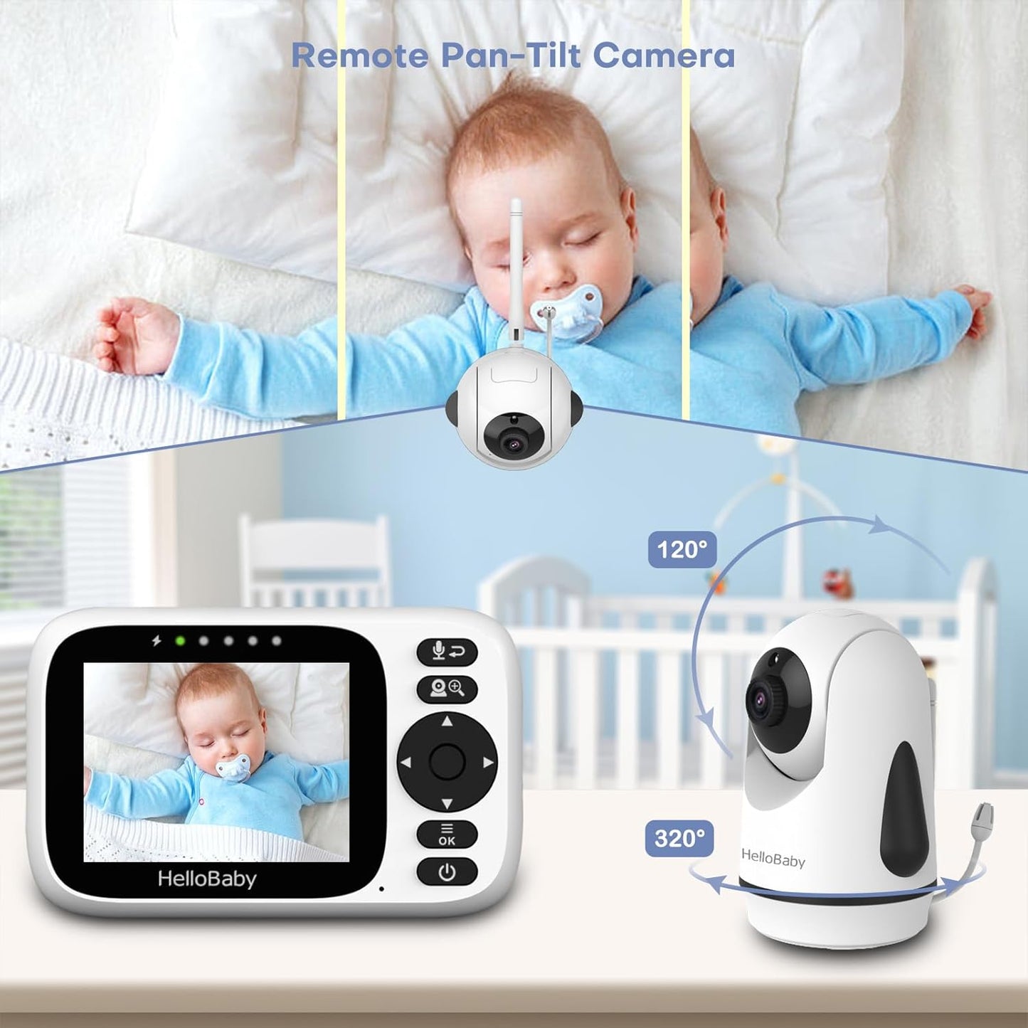 HelloBaby Monitor No WiFi Video Baby Monitor with Camera and Audio - 3.2” Screen, 2-Way Talk, Pan-Tilt Camera with Night Vision,ECO/VOX,1000ft, Temperature | Portable for Travel, Parents, Pet, Elderly