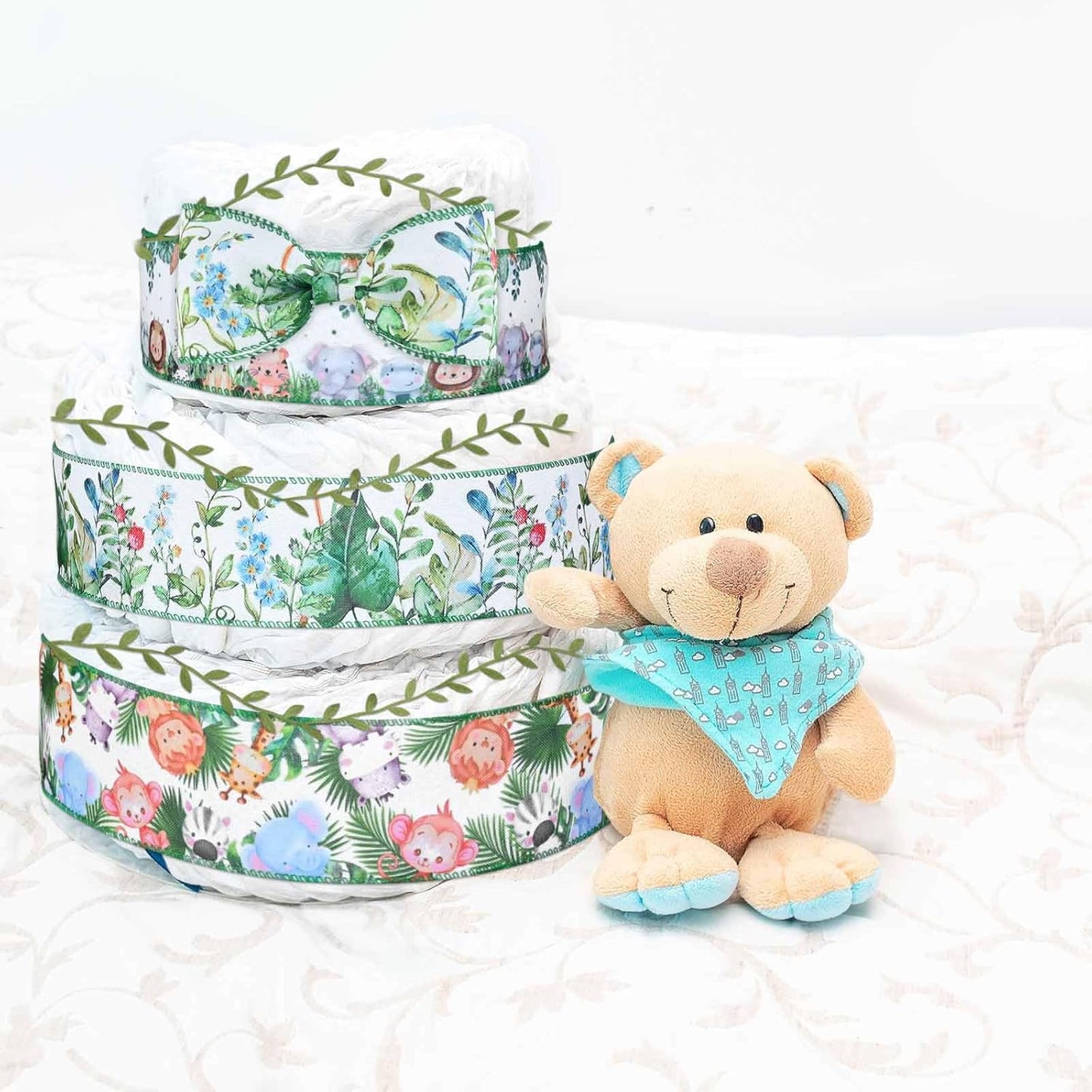 4Rolls 20 Yards Jungle Animal Diaper Cake Wired Ribbon 2.5 Inch Forest Green Leaf Ribbons Cute Animal Print Ribbons for Diaper Wrapping Birthday Baby Shower Craft Supplies