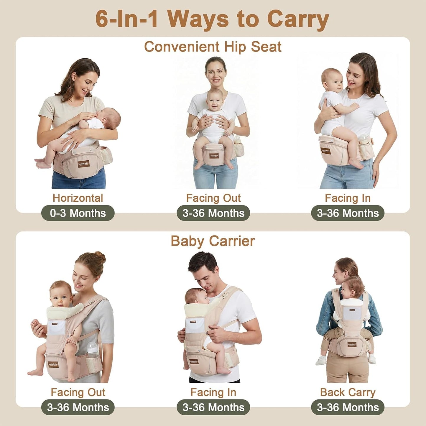 Baby Carrier with Hip Seat, 6-in-1 Baby Carrier Newborn to Toddler, Adjustable Detachable Infant Toddler Carrier, Hands-Free Baby Holder, All Seasons, Perfect for Shopping Travelling (Khaki)