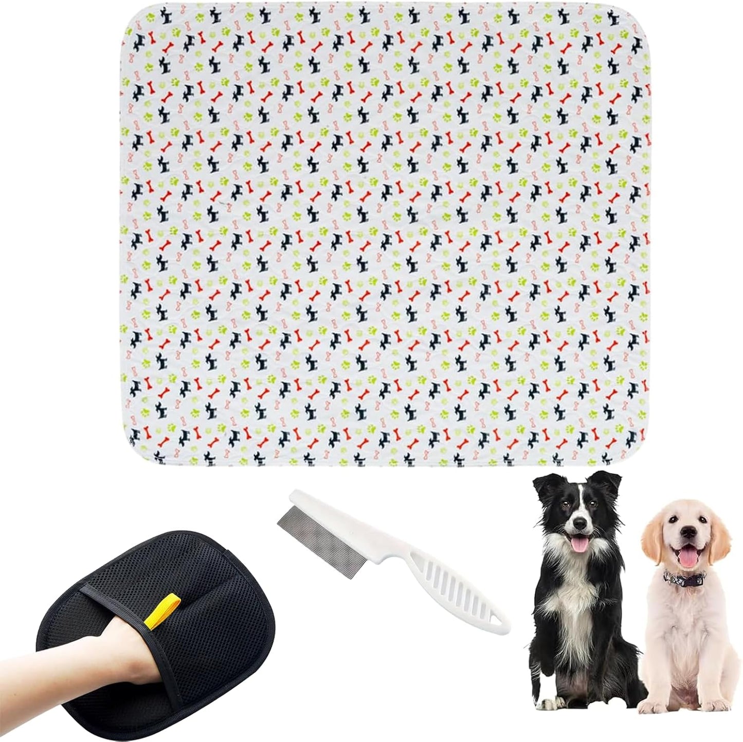 Washable Puppy Pads with Pheromones, Dog Pads Washable, Reusable Pet Training Pads for Dogs and Cats, Includes Hair Removal Glove and Flea Comb, 15.7 x 23.6 Inches White 3-Piece Set