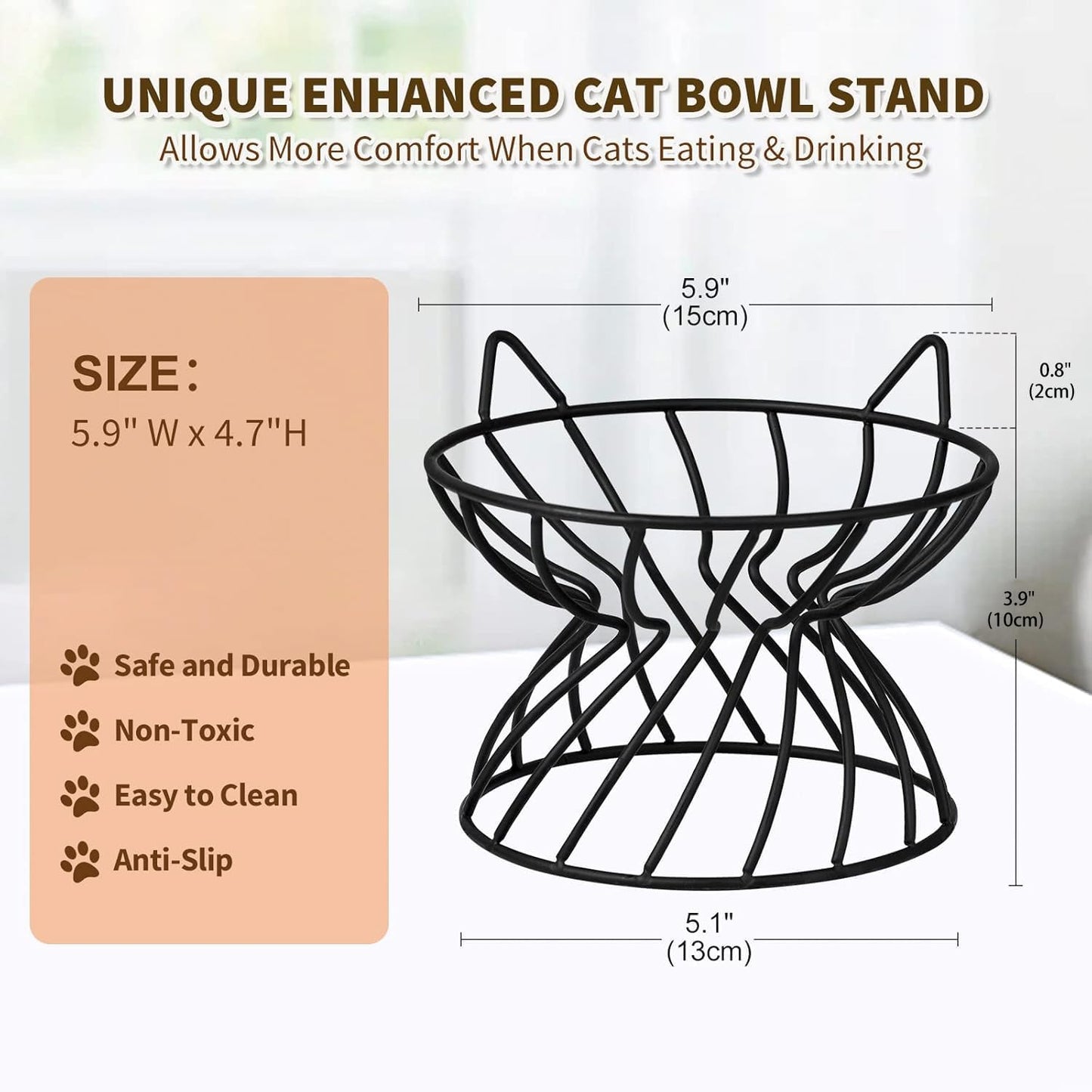 Metal Stand for Cat Dish - Raised Cat Bowl Holder with Anti Slip Sleeves - Black Iron - Elevated, Anti Vomiting, Backflow Prevention - 5.9 x 4.7 inches