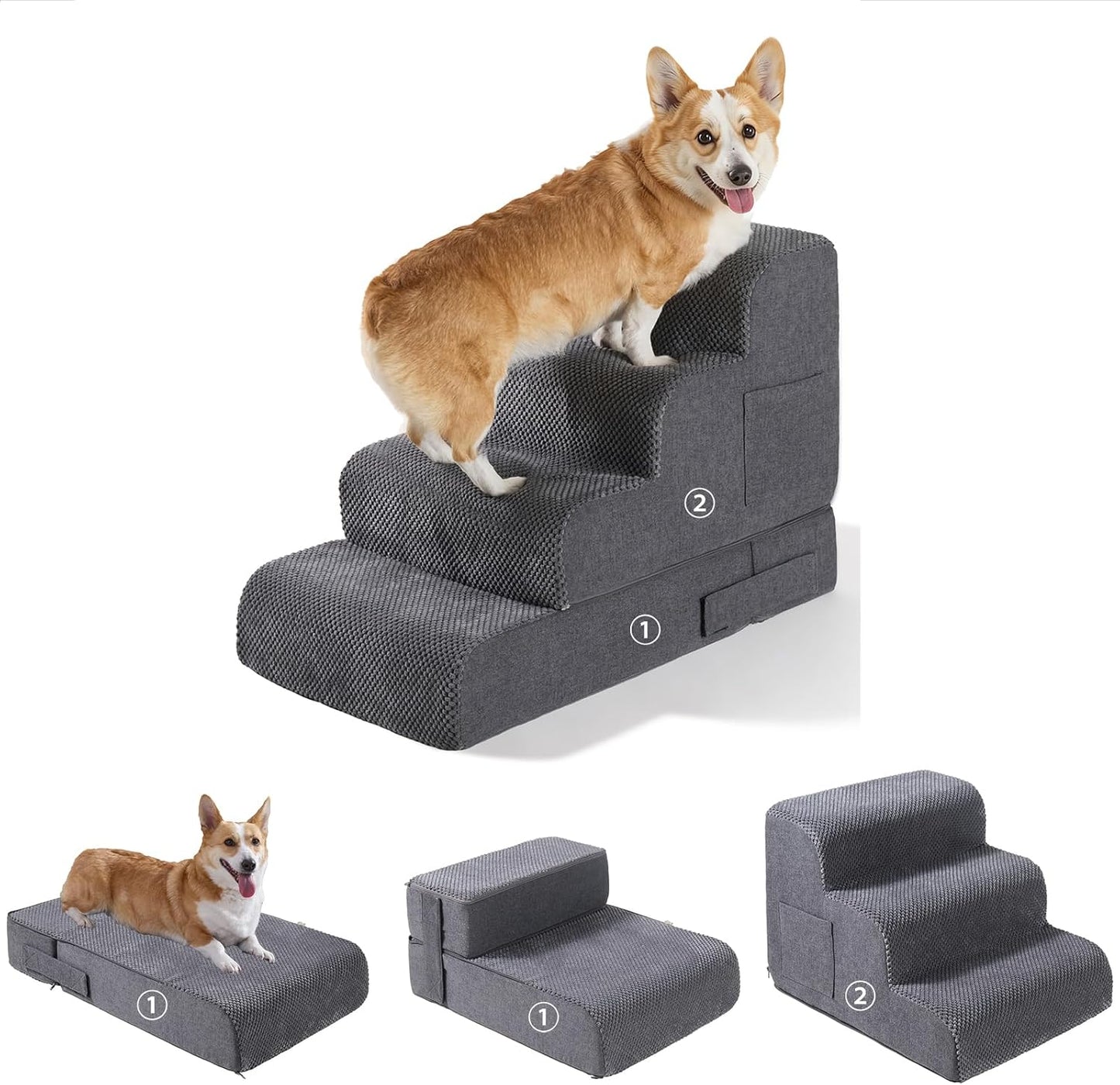 Dog Stairs for Small Dogs, 4-Step Dog Steps for Bed & Couch, High-Density Foam Pet Stairs, Non-Slip Indoor Pet Ramp, Washable Cover, Fits Beds up to 18.1", Grey