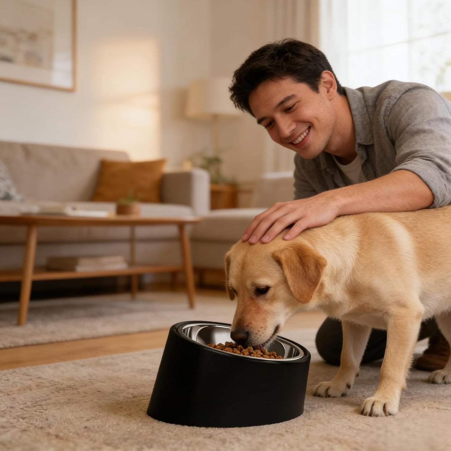 15° Tilted Elevated Dog Bowl, Non-Slip No-Spill Stainless Steel Pet Feeder, Detachable 2-in-1 Food & Water Dish for Medium Dogs (Like French Bulldog) and Cats, Anti-Choke, Black (Size M)