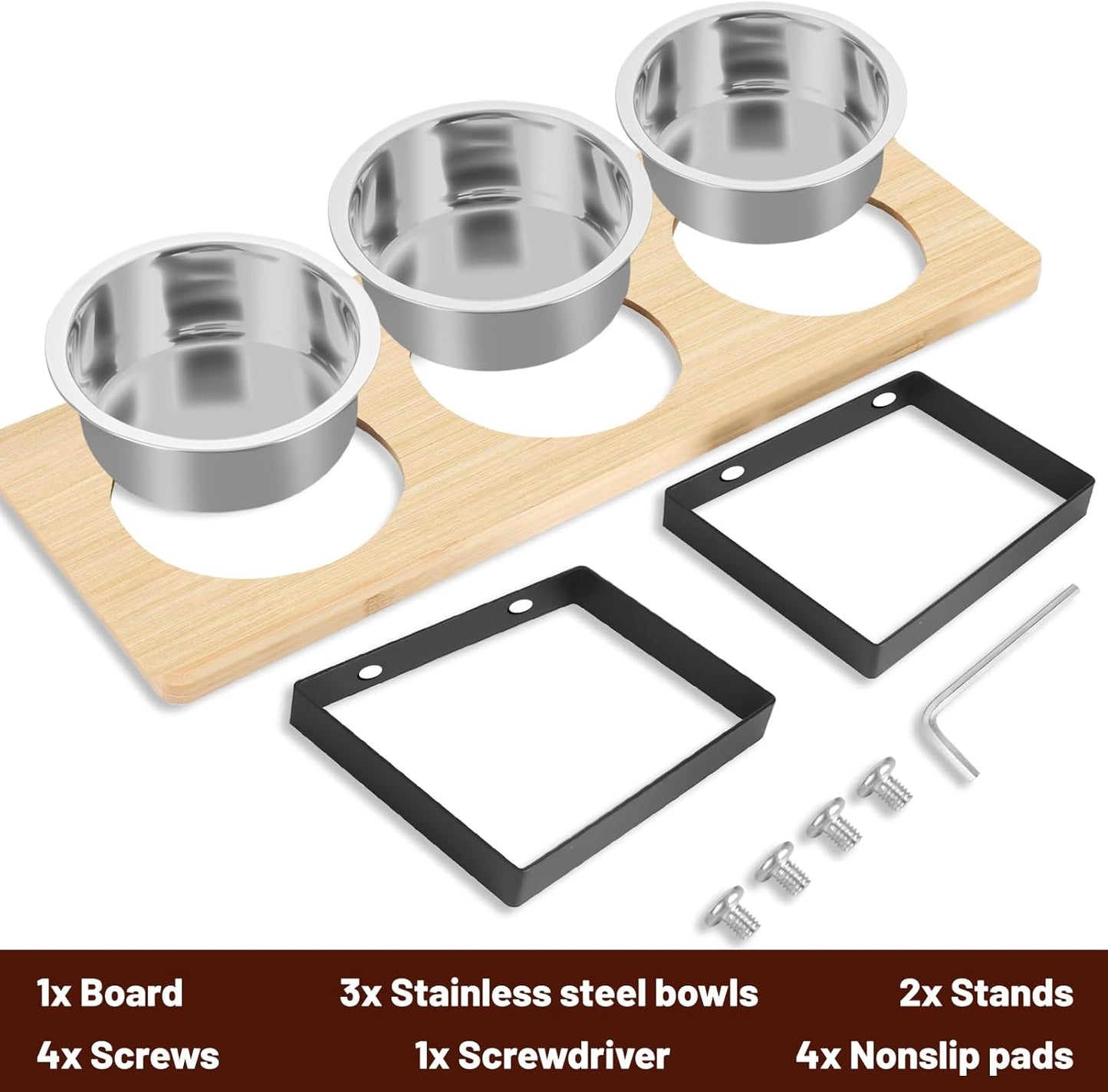 Elevated Cat Bowl, Raised Cat Food Bowls with 10° Tilted Stands, 3 Stainless Steel Bowls for Wet, Dry & Water, Hold by Bamboo Board, Anti Vomiting Cat Feeding Bowls with 4 Non-Slip Pads