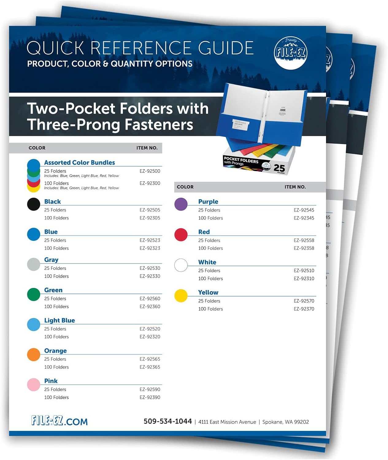 FILE-EZ Two-Pocket Folders with 3-Prong Fasteners, Assorted Colors, 25-Pack, Durable Textured Paper, Matte Finish, Letter Sheet Size (EZ-92500)