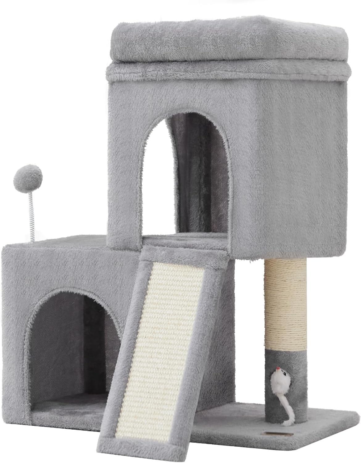 24inch Tall Cat Tree with 2 Cat Condo and Mouse Toy Cozy Small Cat Tower with Scratching Post and Board for Kitties and Small Cats.（Light Grey） (22 * 13 * 28)