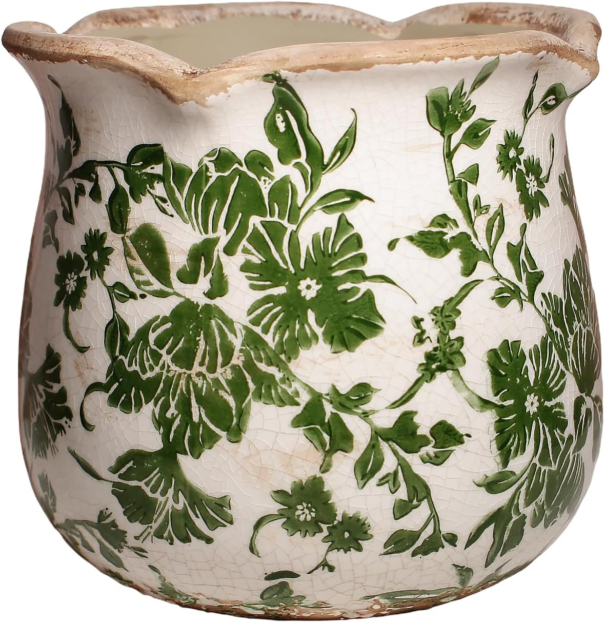 Tuscan Ceramic Plant Pots, 6.11 Inch Vintage Planters with Drainage Hole for Indoor Plants, Farmhouse Green Scroll Vase & Flower Pots, Home Kitchen Garden Decor, Plant Lover Gifts