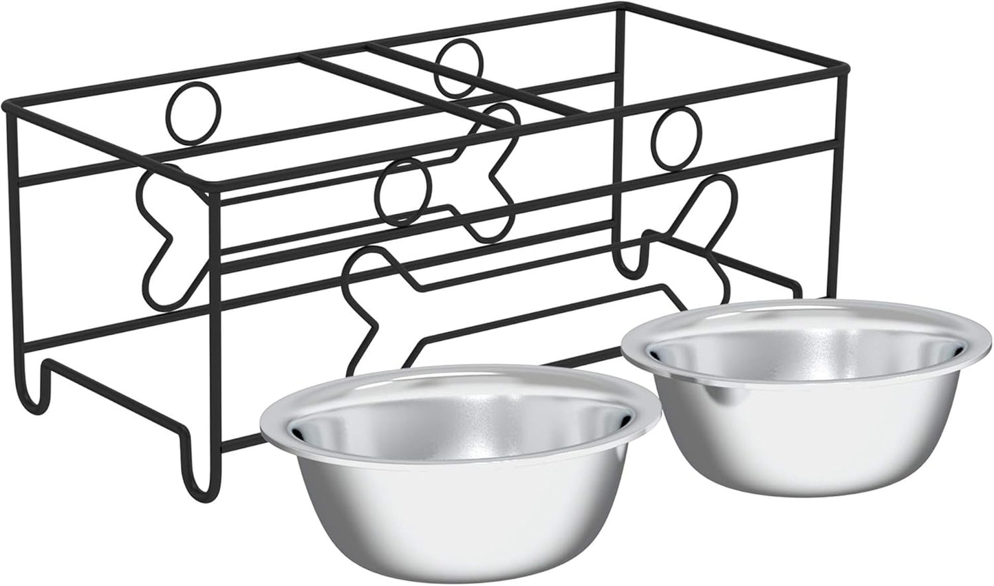 Set of 2 Stainless Steel Dog Bowls - 40oz Pet Bowls with Decorative Dog Food Stand - Metal Food and Water Dishes for Large Pets - Puppy Essentials by PETMAKER (Silver/Black)