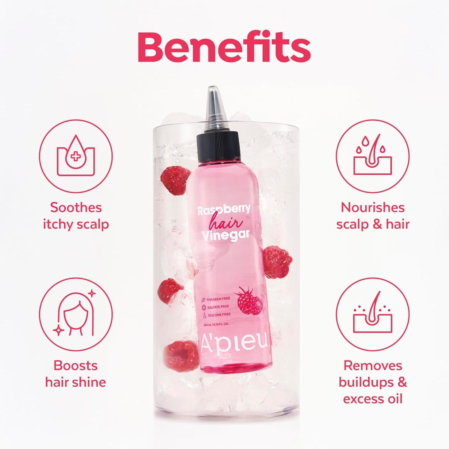 A’PIEU Raspberry Hair Vinegar Rinse for Scalp Detox & Clean, Smooth & Shiny Hair, Clarifying Treatment for Dandruff, Buildup, Oily & Itchy Scalp, pH Balancing, Korean Haircare, 6.76 fl oz