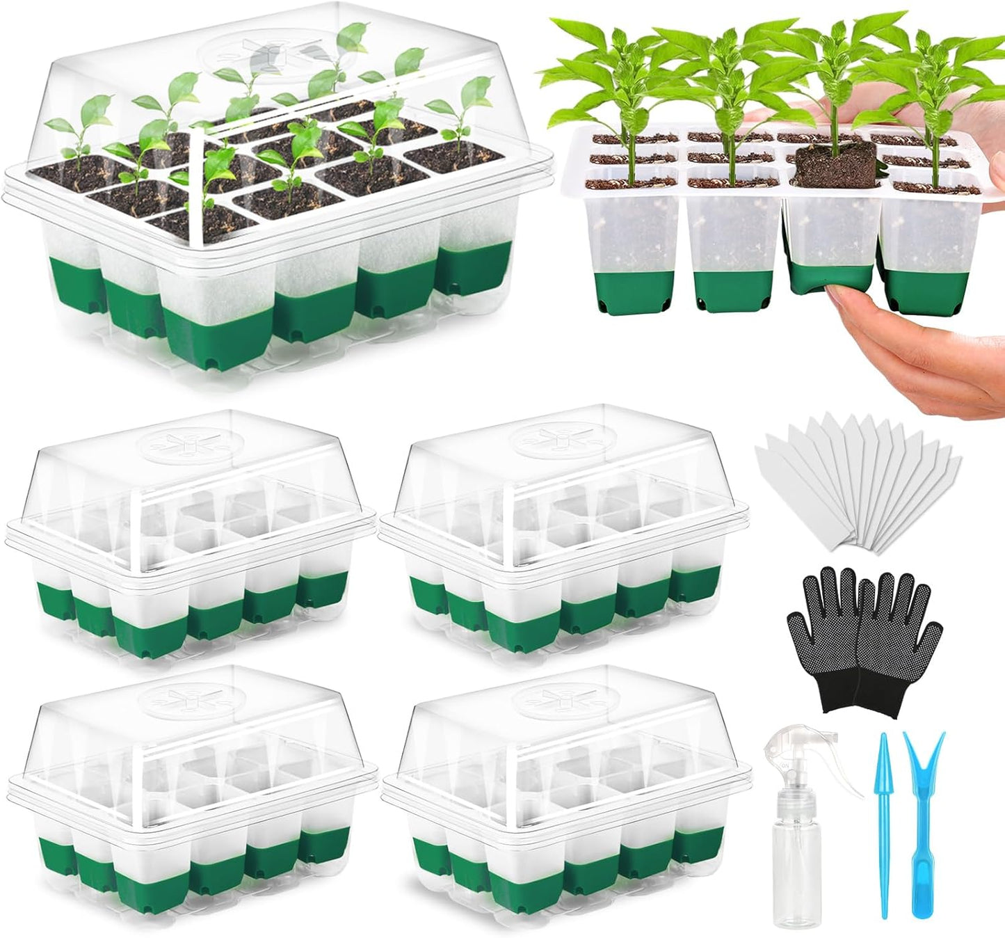 Reusable Seed Starter Tray, 4 Pack Silicone Seed Starter Kit for Starting Plant Seeds with Humidity Adjustable Dome and Lid, Indoor Seed Starting Supplies with Water Spray Bottle for Plants, BPA-Free