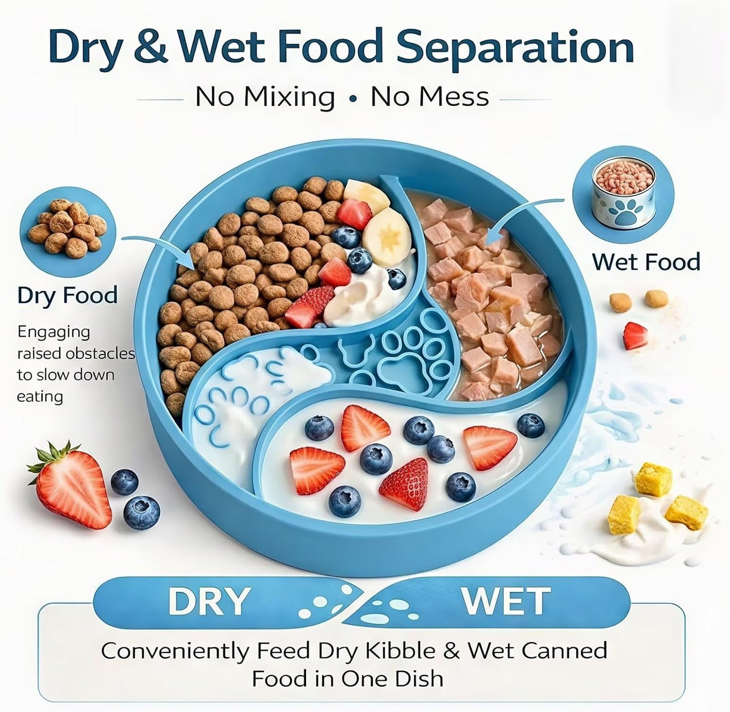 2026 New Silicone Slow Feeder Pet Bowl – 1.8 in Deep Slow-Eat Dog & Cat Bowl with Strong Suction Base, Dry & Wet Food Separation, 2–3 Cups Capacity, Easy Clean Non-Slip Design,BPA-Free