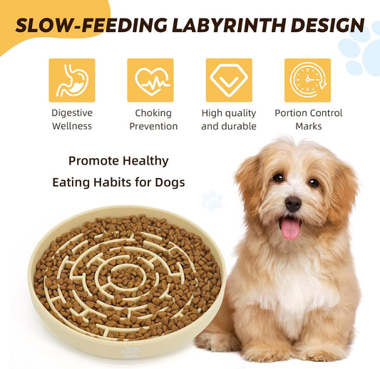 Silicone Maze Slow Feeder Bowl for Dogs and Cats, Non-Slip Puzzle Pet Dish with Food Dispersion, Easy Clean Interactive Bowl（Beige）