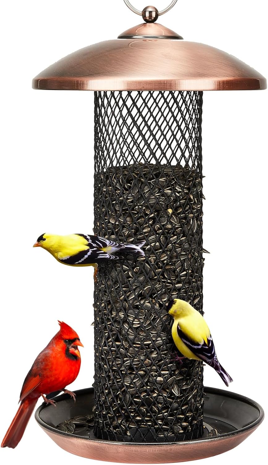 Kingsyard Mesh Tube Bird Feeders for Outdoors Hanging, All Metal, Wild Bird Feeder for Sunflower Seeds or Mealworm, Large Tray & Weatherproof Roof, 2.5 lbs Capacity (Antique Copper)