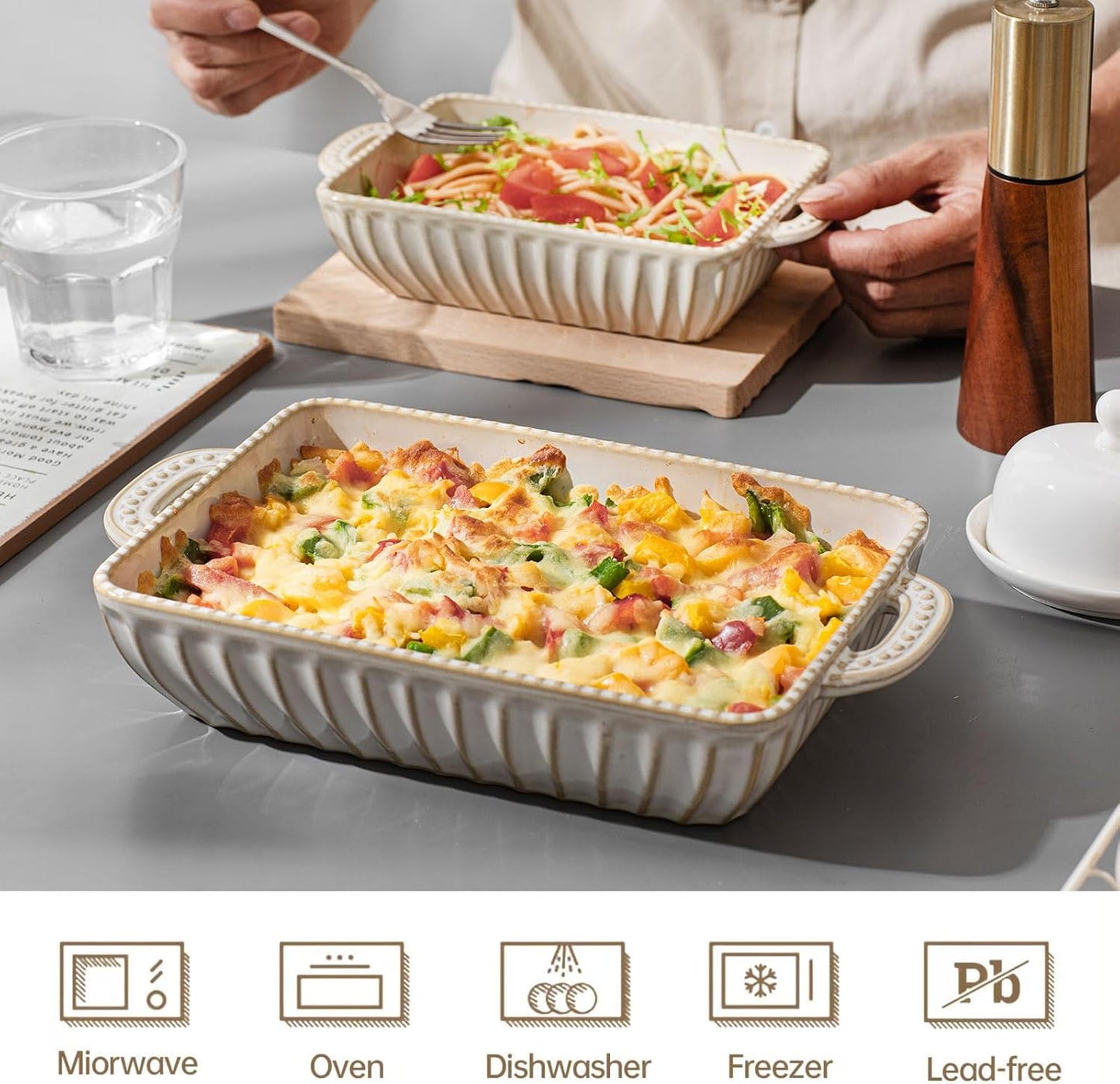 Casserole Dish for Oven, Ceramic Baking Dishes Set, Vintage Hobnail Bakeware Sets of 3, Rectangular Baking Pan, Deep Lasagna Pan with Handle for Cake, Wedding Kitchen Gift, 13.77“/11.6"/8.85"