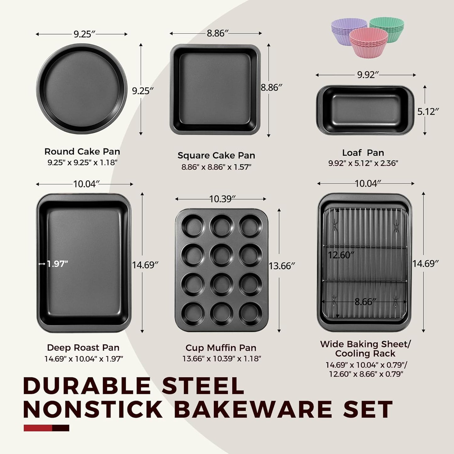 KITESSENSU Baking Pans Sets, Nonstick Bakeware Sets 19-Piece with Round/Square Cake Pan, Loaf Pan, Muffin Pan, Cookie Sheet, Roast Pan, Cooling Rack, Carbon Steel Bake Set