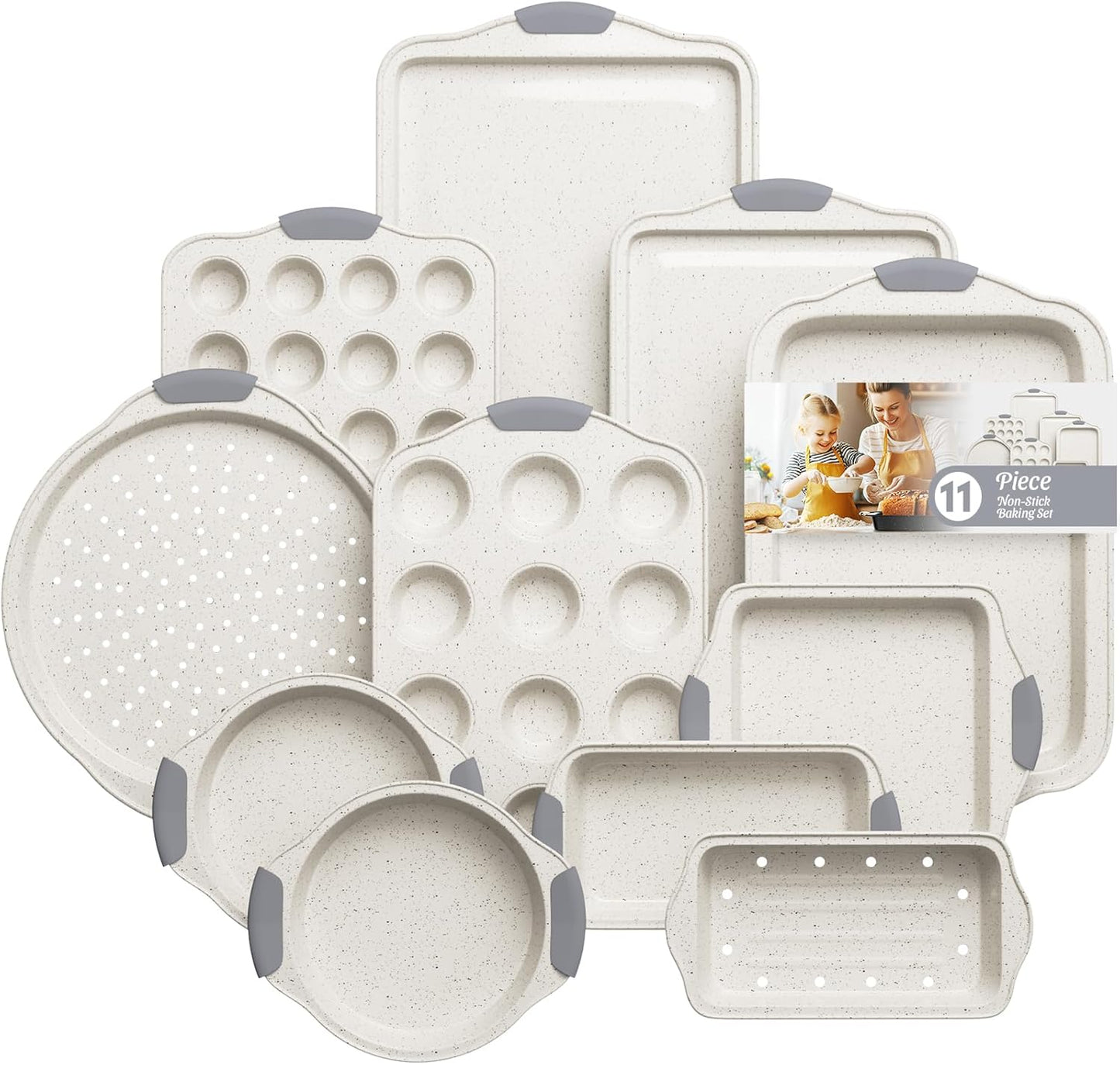 11-Piece Nonstick Baking Pans Set, Stackable Non Toxic Bakeware Sets with Cookie Sheets, Cake Pan, Loaf Pan, Pizza Pan, Muffin Pan, White&Gray