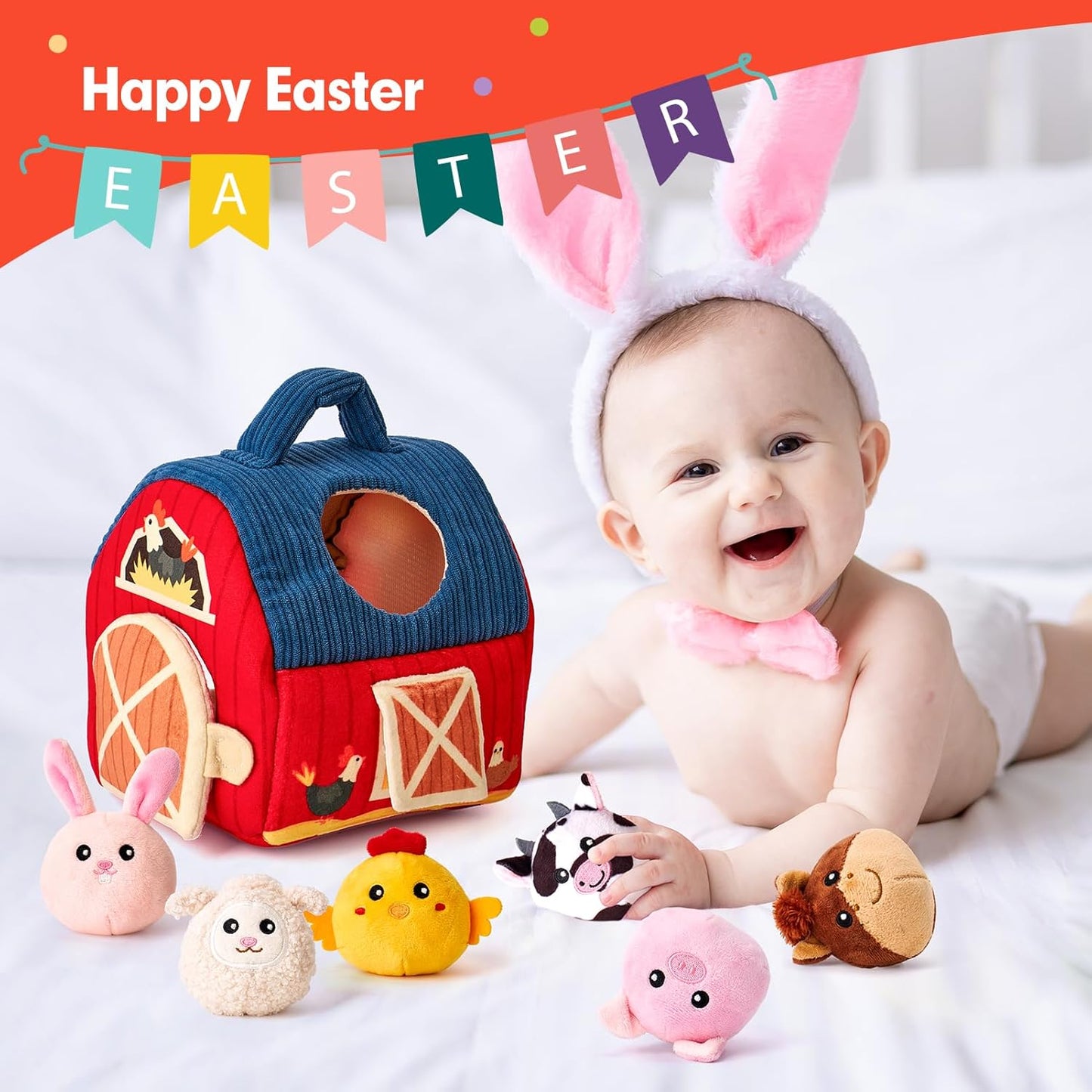 hahaland Baby Toys 6-12 Months - Surprise Barn Stuffed Farm Animals, Rattle, Crinkle, Mirror, Montessori Toys for 6 Month Old Sensory Balls 1-3 Plush Toy Girl Boy Gifts Baby Easter Basket Stuffers