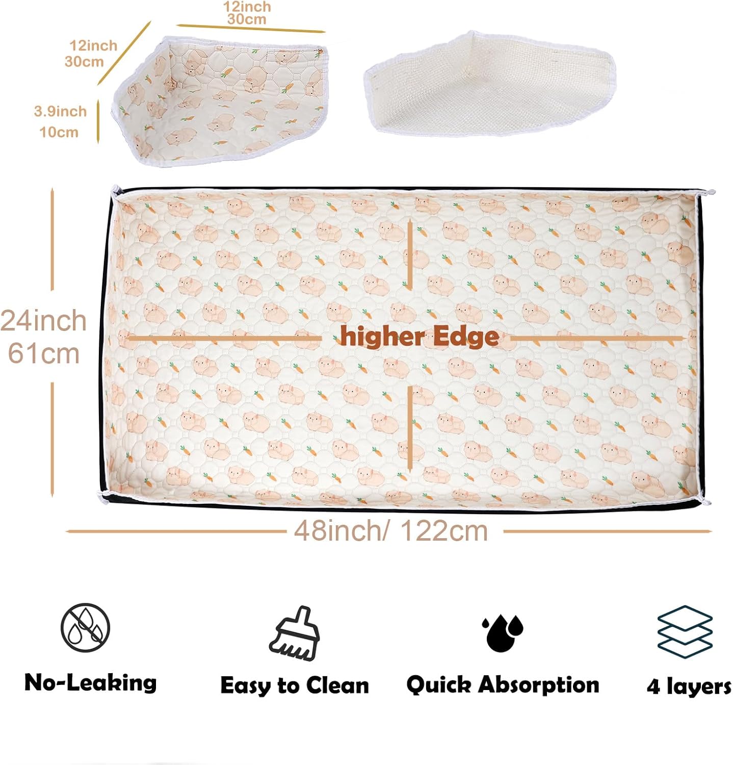 Washable Guinea Pig Cage Liners with High Sides, 24’’×48’’ Reusable Fleece Pee Pads for Guinea Pigs Cages, Rabbits, Bunny, Waterproof & Super Abosorbent Liner Mat for Dog, Ferret, Chinchilla