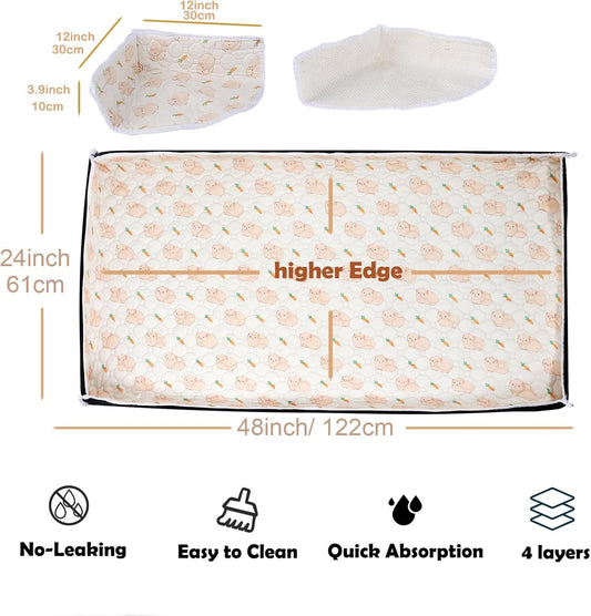 Washable Guinea Pig Cage Liners with High Sides, 24’’×48’’ Reusable Fleece Pee Pads for Guinea Pigs Cages, Rabbits, Bunny, Waterproof & Super Abosorbent Liner Mat for Dog, Ferret, Chinchilla
