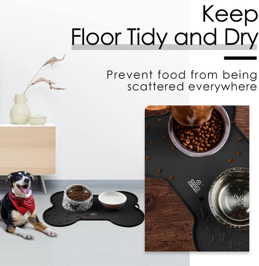 Super Design Dog Food Mat Dog Bowl Mat for Food and Water Silicone Non Spill Cat Feeding Mat Puppy Placemat Waterproof - 20.5" x 14.5", Black