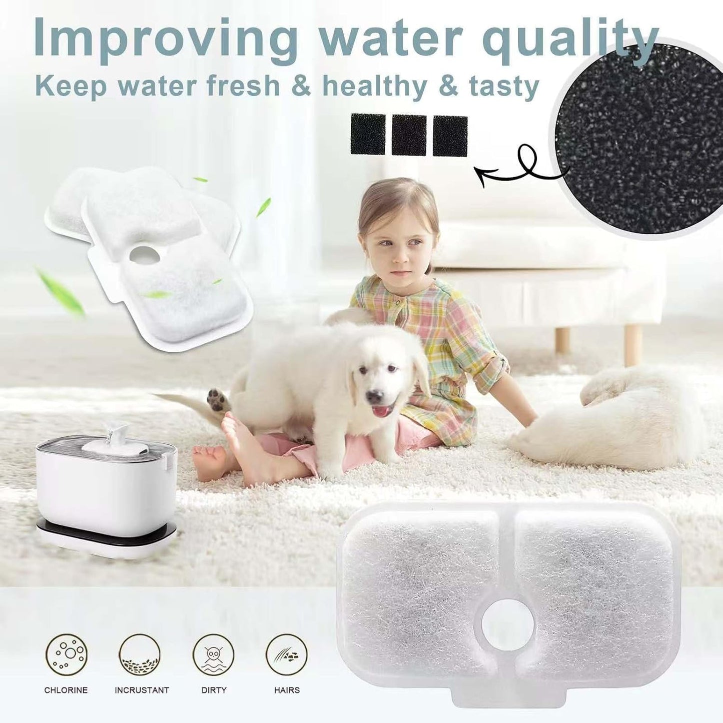 8 Packs Replacement Filters and 8 Pack of Sponges Compatible with PETLIBRO Capsule Pet Water Fountain PLWF005/PLWF115/WF106