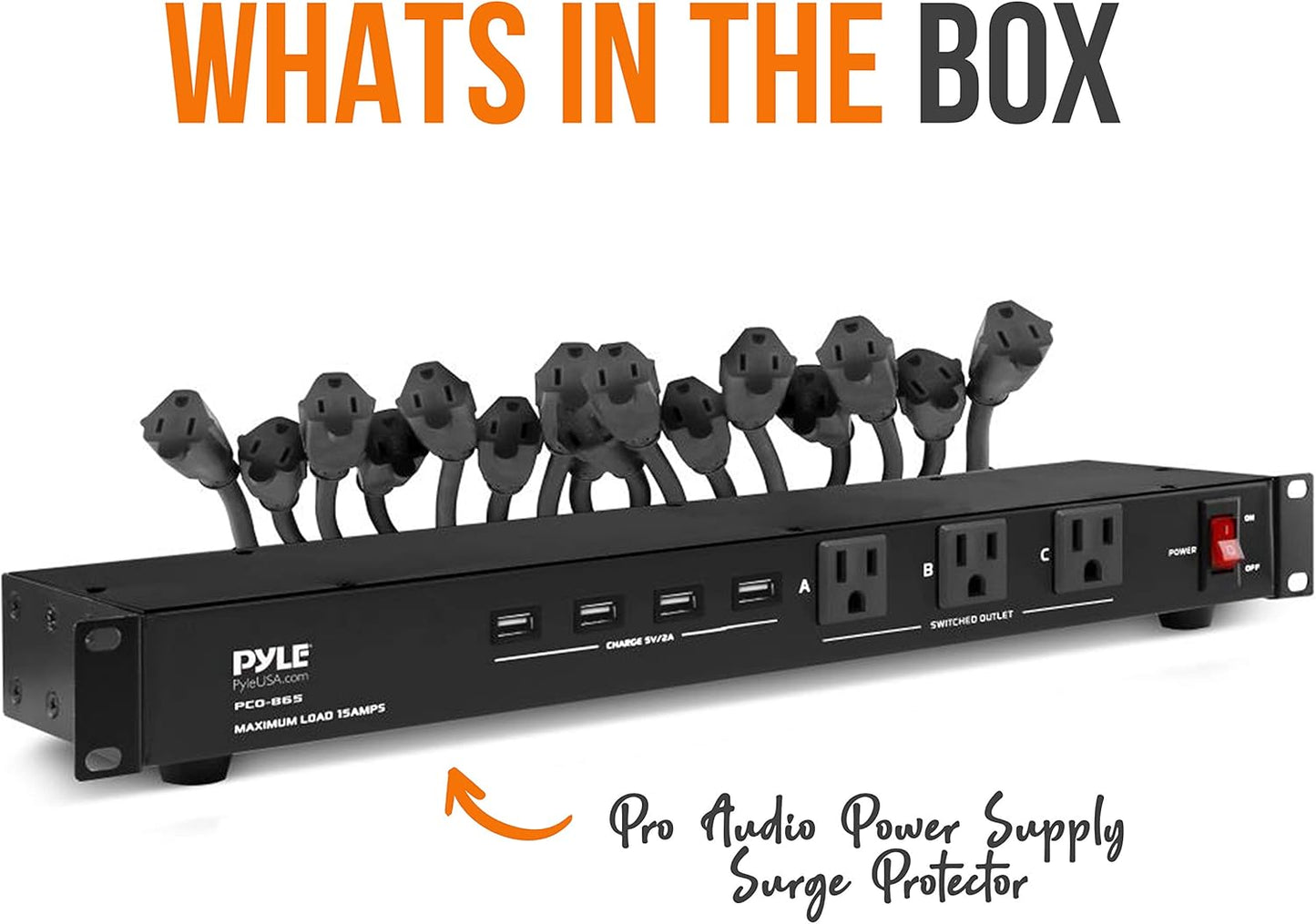 Pyle 19 Outlet 1U 19" Rackmount PDU Power Distribution Supply Center Conditioner Strip Unit Surge Protector 15 Amp Circuit Breaker 4 USB Multi Device Charge Ports 15FT Cord, Black - PCO865