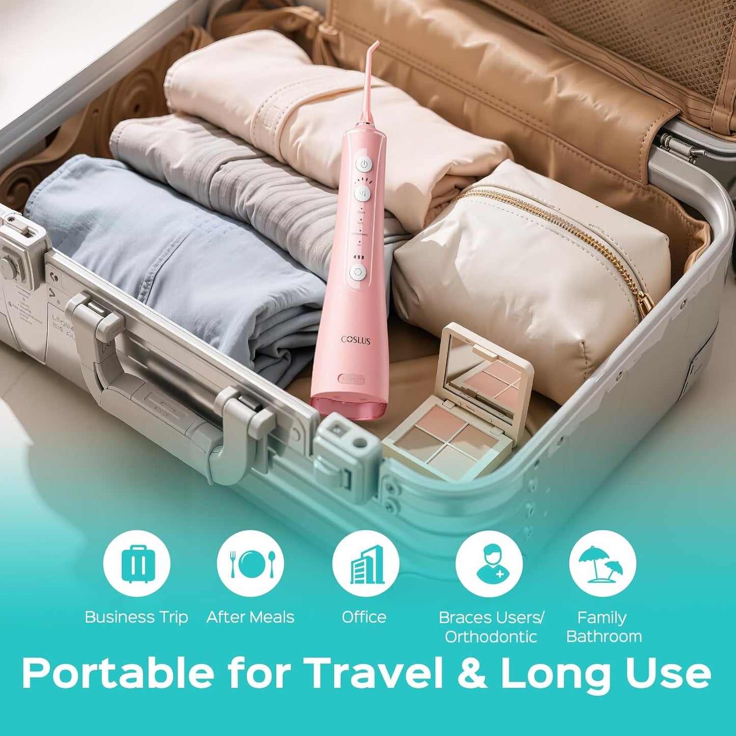 COSLUS C50 Portable Water Flosser for Teeth: 4 Modes & 5 Intensity Levels Professional Electric Dental Pick for Sensitive Gums, Braces & Orthodontic - Cordless for Travel Use, BPA-Free
