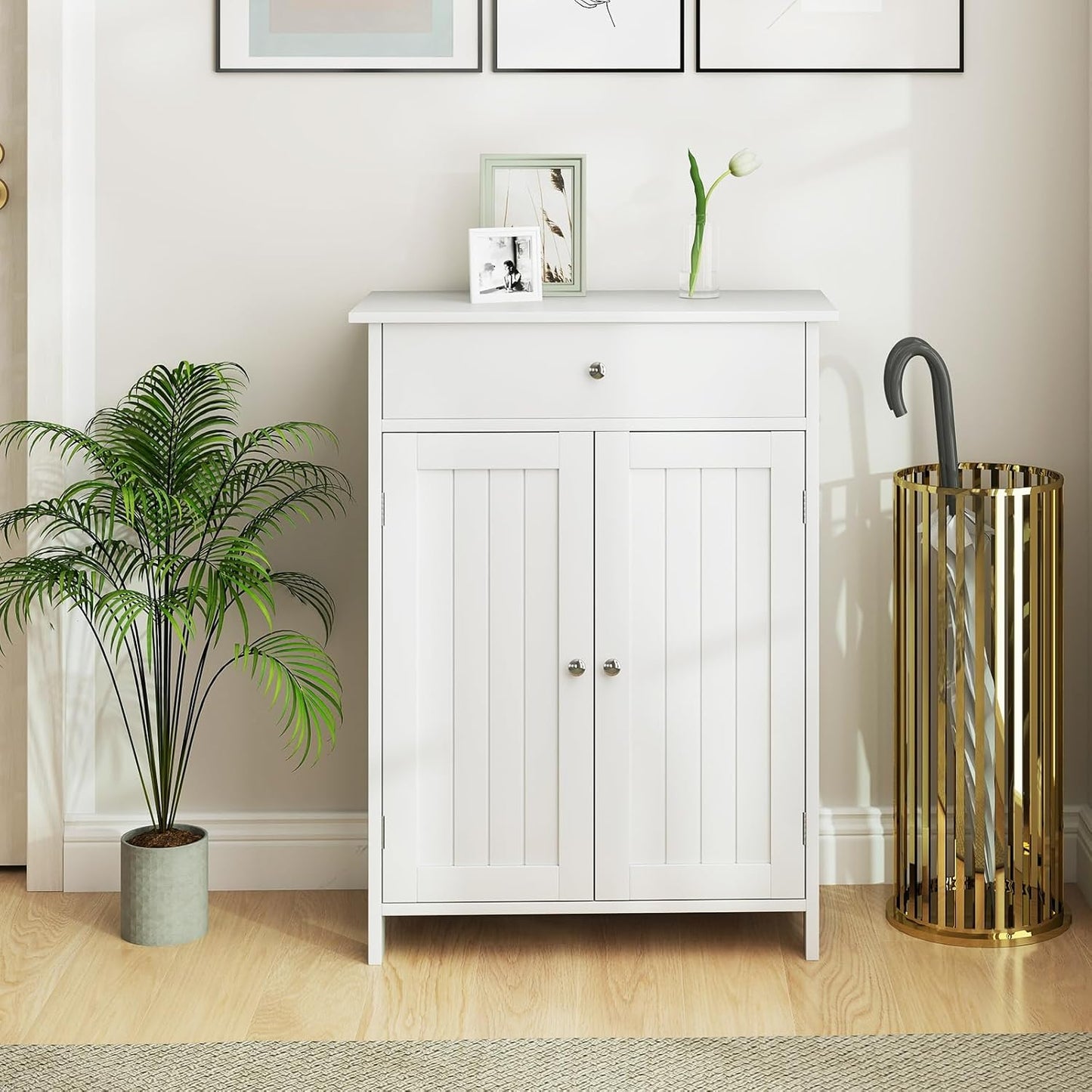 Giantex Storage Cabinet, White Bathroom Cabinet with 2 Doors, 1 Drawer, 3-Level Adjustable Shelf, Modern Wooden Storage Organizer for Laundry Room, Entryway, Living Room