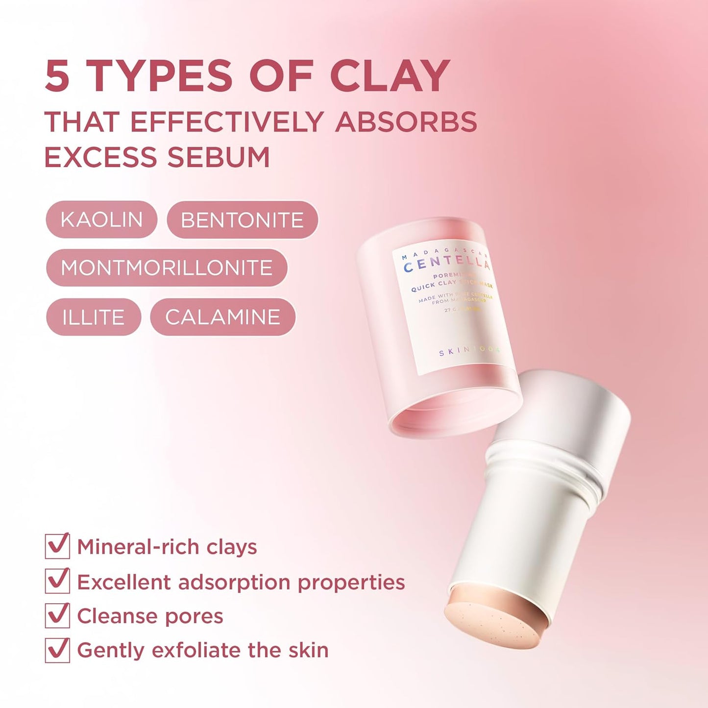 SKIN1004 Poremizing Quick Clay Stick Mask, Face Mask Skincare for Pore Minimizing, Facial Clay Mask with Centella, Pore Minimizer for Sebum Control, Pink Mud Mask, Korean Skin Care, 0.95 oz / 27g