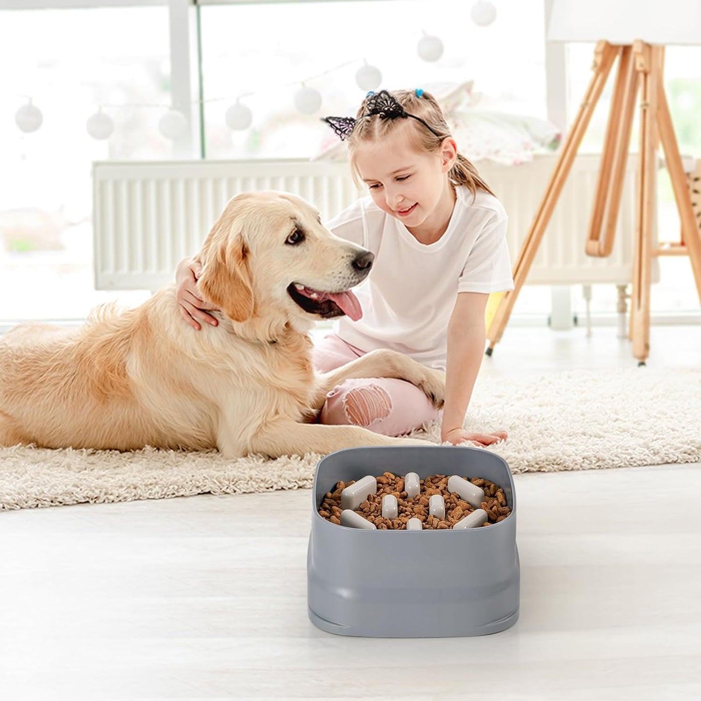 Sunhoo Slow Feeder Dog Bowls Large Breed Puppy Puzzle Feeding Dish Maze Feed Bowl Small Medium Dogs Plate Adjustable Ridges to Slower Down Eating Anti-slip Easy to Clean Indoor Use 7.5*7.5*4 in(Grey)