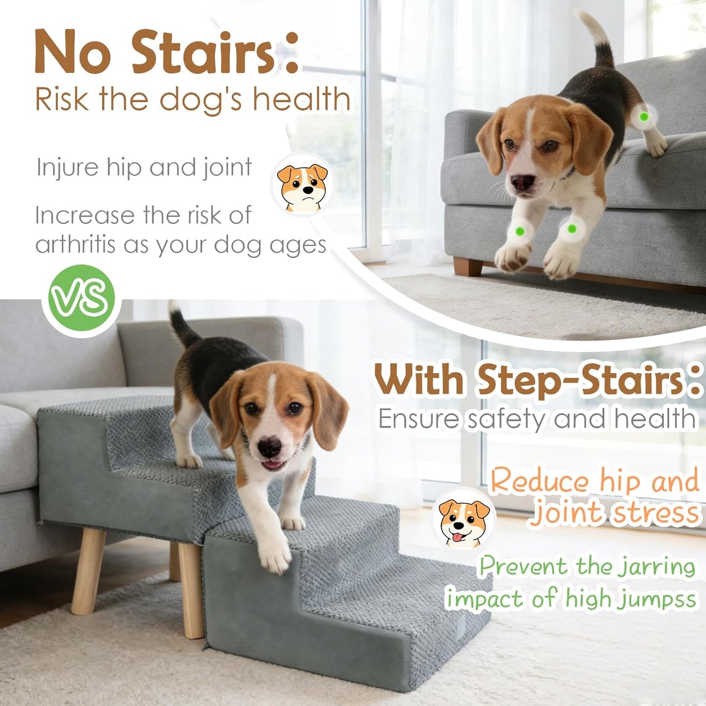 4-Step Dog Stairs for Small Dogs and Cats, 2-in-1 Foldable Wooden Dog Ramp for Couch Bed Sofa with Non-Slip Mat & Side Pockets, Split Ottoman Design, Grey